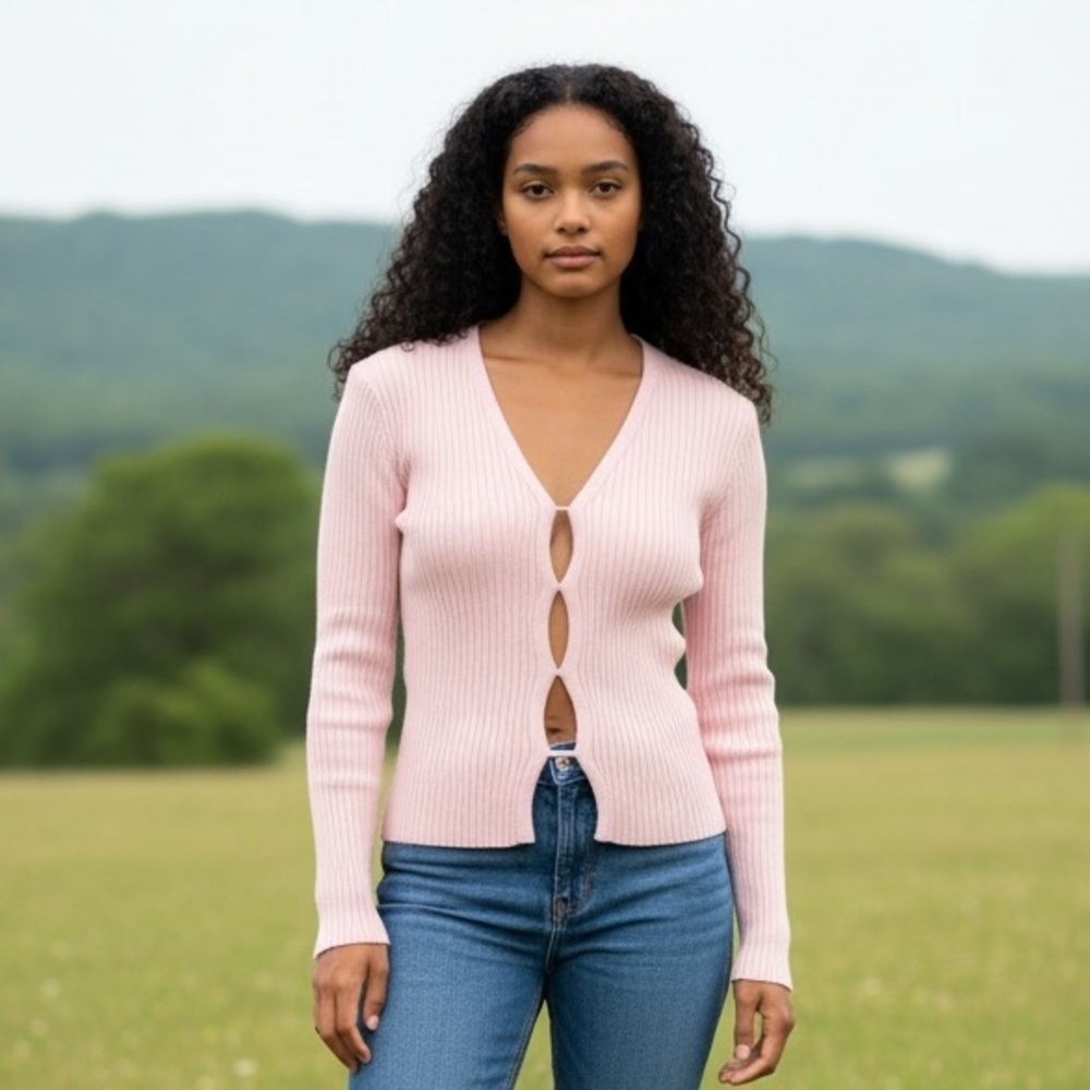 ARDEN B RIBBED KNIT BABY PINK TOP V-NECK KEYHOLE DESIGN PULLOVER SZ XL BRAND NEW